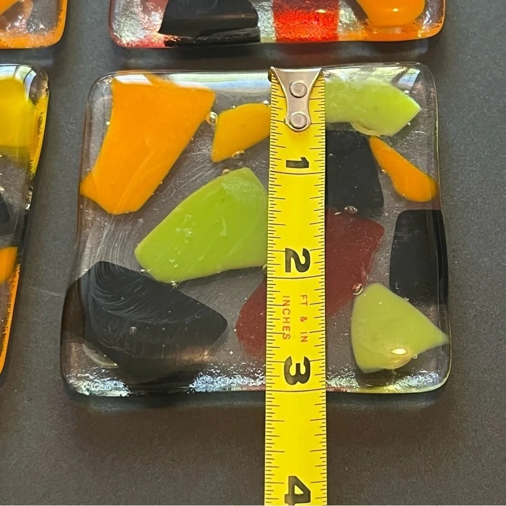 Fused Art Glass Coasters Barware Drink Abstract Geometric Black Orange MCM 4x